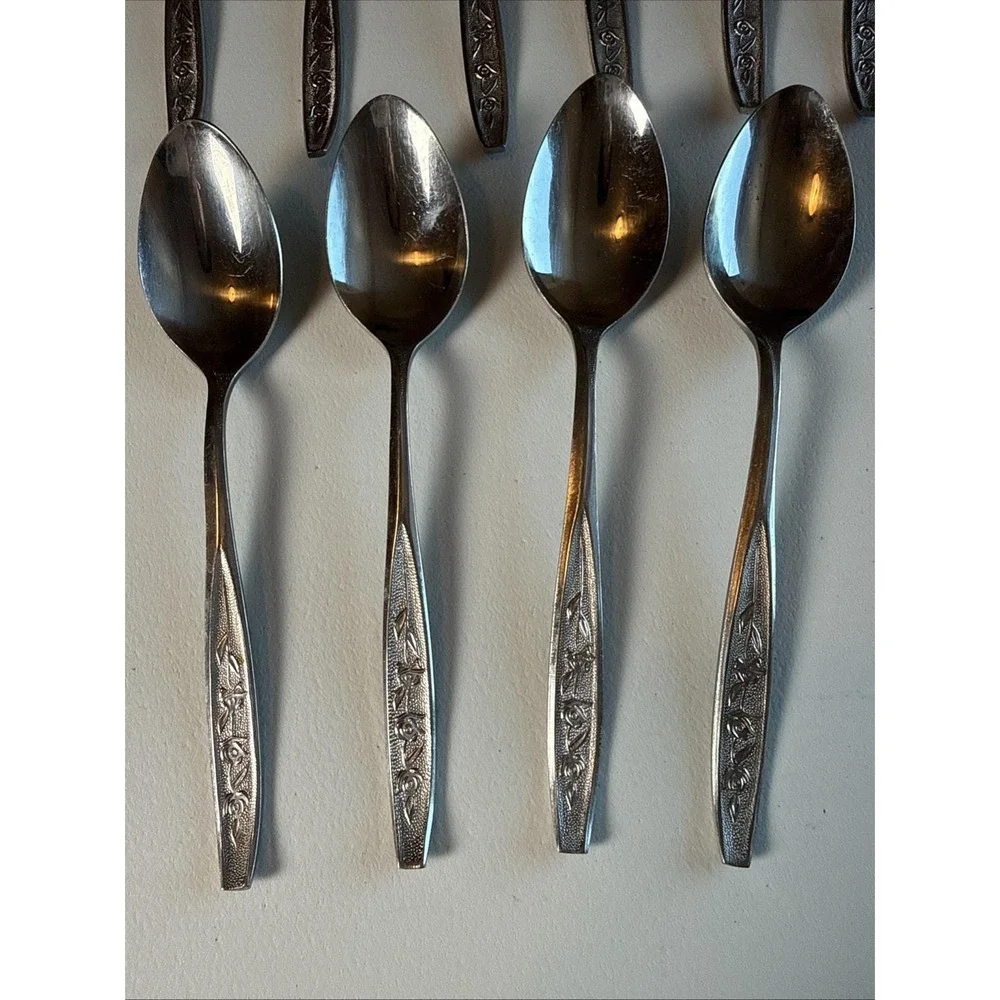 Vintage Ekco Eterna Rose Cotillion Stainless 8 Teaspoon Plus Extras Made Taiwan